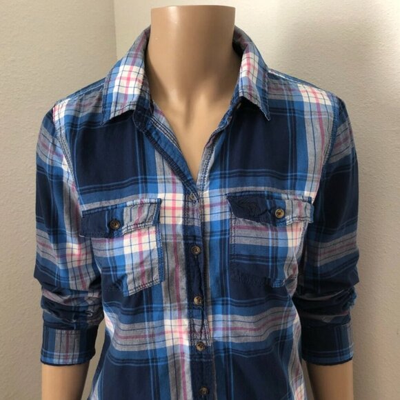 Abercrombie Plaid Button Down Shirt Size Medium Blue & White - Picture 2 of 6